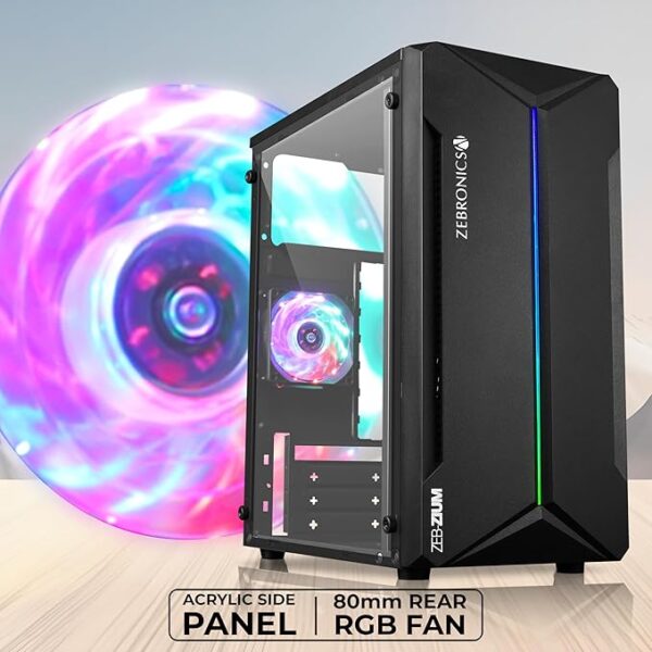 ZEBRONICS ZIUM Mid-Tower Gaming Cabinet, M-ATX/M-Itx, Fins Focussed Multicolor Rear Fan, Multi Color Led Strip, Acrylic Glass Side Panel, USB 3.0, USB 2.0 - Image 2