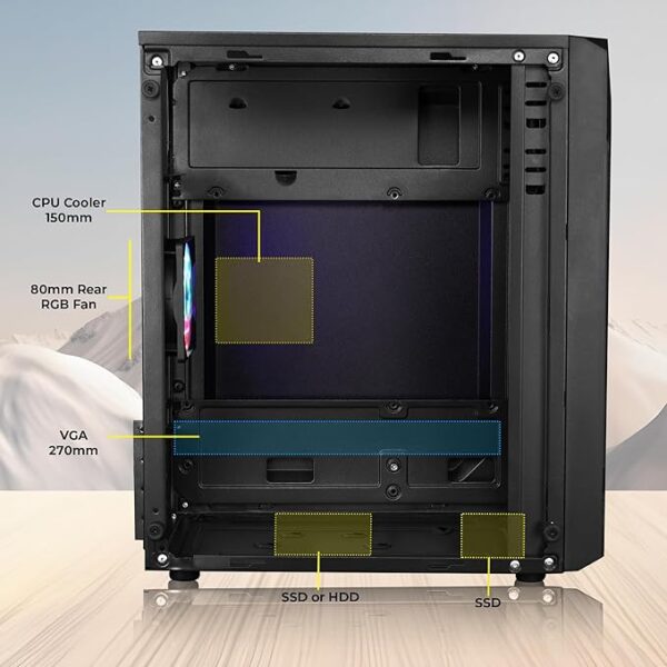 ZEBRONICS ZIUM Mid-Tower Gaming Cabinet, M-ATX/M-Itx, Fins Focussed Multicolor Rear Fan, Multi Color Led Strip, Acrylic Glass Side Panel, USB 3.0, USB 2.0 - Image 3