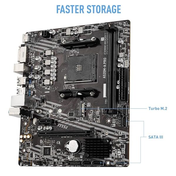 MSI A520M-A PRO Motherboard (AMD Ryzen 3000 3rd Gen AM4, DDR4, M.2, USB 3.2 Gen 1, HDMI, Micro ATX) - Image 3