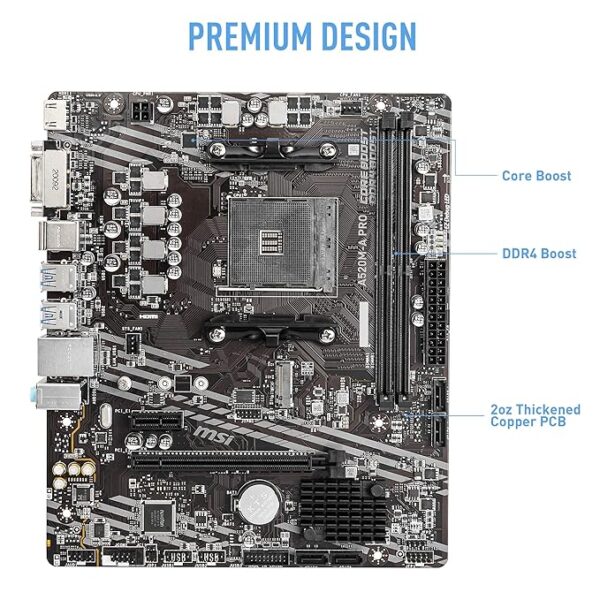 MSI A520M-A PRO Motherboard (AMD Ryzen 3000 3rd Gen AM4, DDR4, M.2, USB 3.2 Gen 1, HDMI, Micro ATX) - Image 4